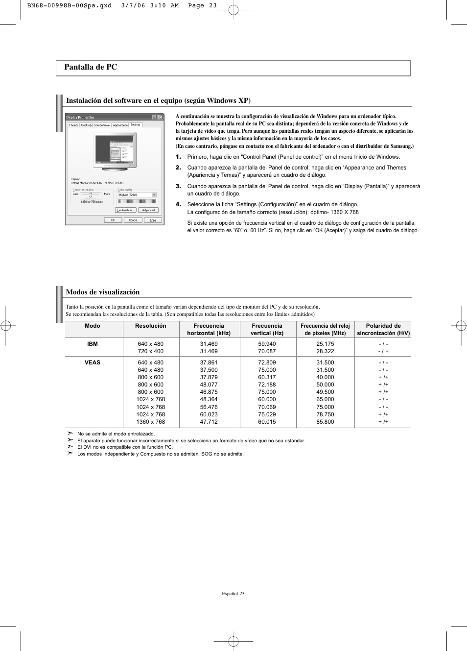 Pantalla de pc, Modos de visualización | Samsung LNS2352WX-XAA User Manual | Page 50 / 77