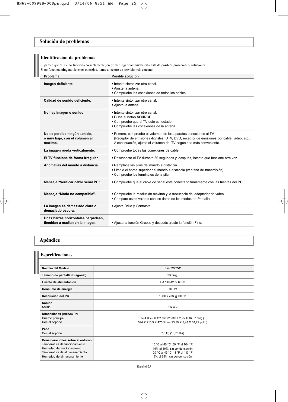 Solución de problemas apéndice, Especificaciones, Identificación de problemas | Samsung LNS2352WX-XAA User Manual | Page 52 / 77