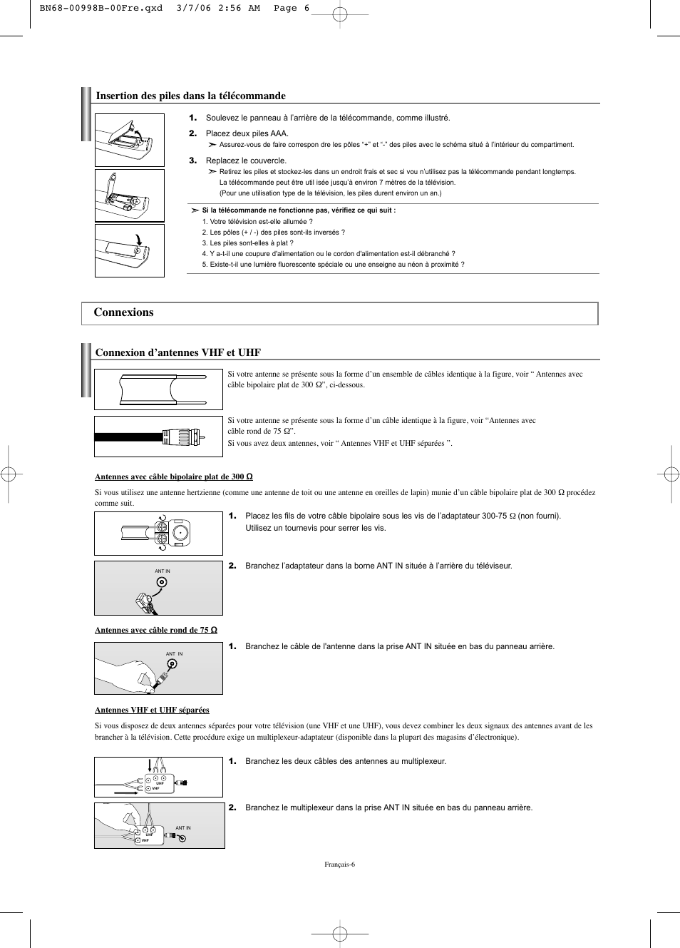 Connexions, Insertion des piles dans la télécommande, Connexion d’antennes vhf et uhf | Samsung LNS2352WX-XAA User Manual | Page 58 / 77