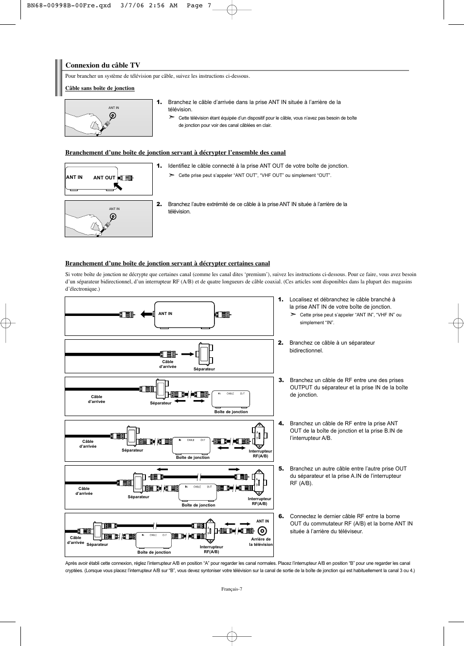 Connexion du câble tv | Samsung LNS2352WX-XAA User Manual | Page 59 / 77