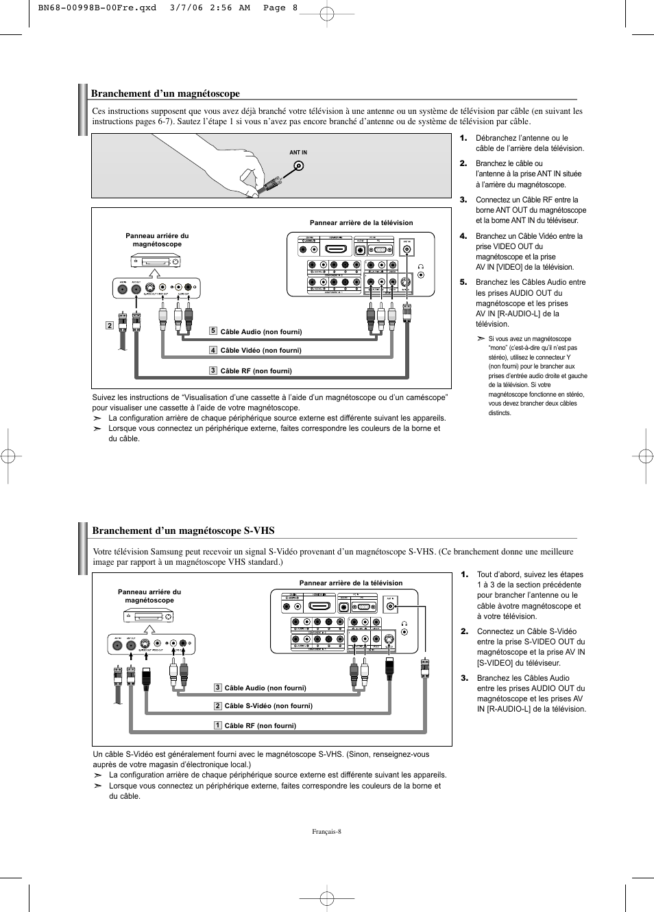 Branchement d’un magnétoscope, Branchement d’un magnétoscope s-vhs | Samsung LNS2352WX-XAA User Manual | Page 60 / 77