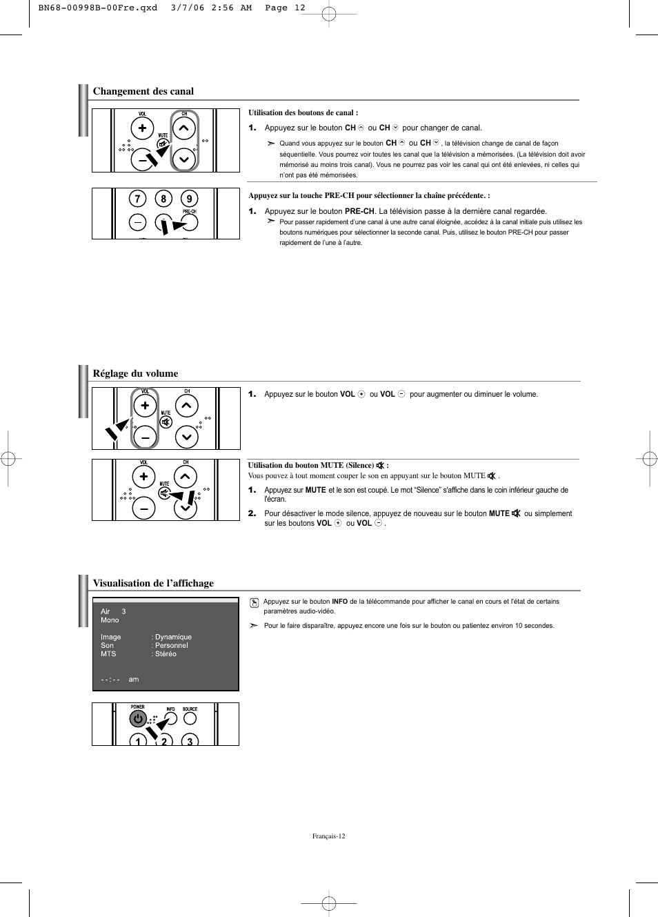 Visualisation de l’affichage, Changement des canal, Réglage du volume | Samsung LNS2352WX-XAA User Manual | Page 64 / 77