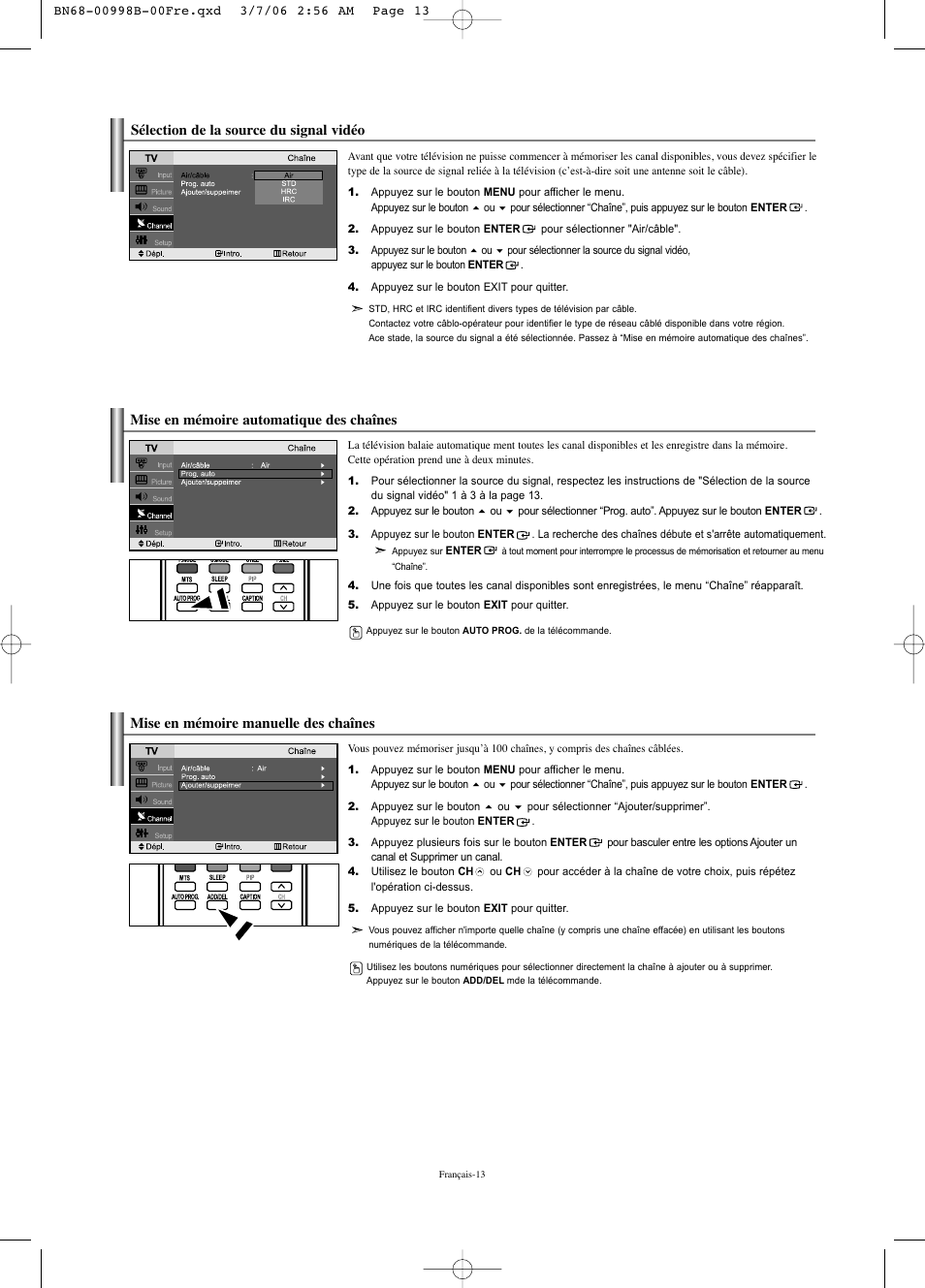 Mise en mémoire manuelle des chaînes, Mise en mémoire automatique des chaînes, Sélection de la source du signal vidéo | Samsung LNS2352WX-XAA User Manual | Page 65 / 77