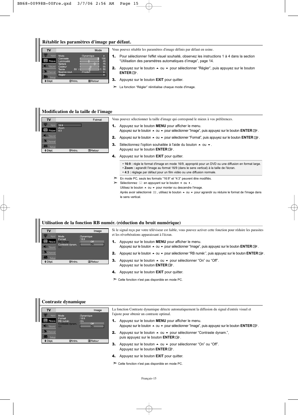 Contraste dynamique, Modification de la taille de l'image, Rétablir les paramètres d'image par défaut | Samsung LNS2352WX-XAA User Manual | Page 67 / 77