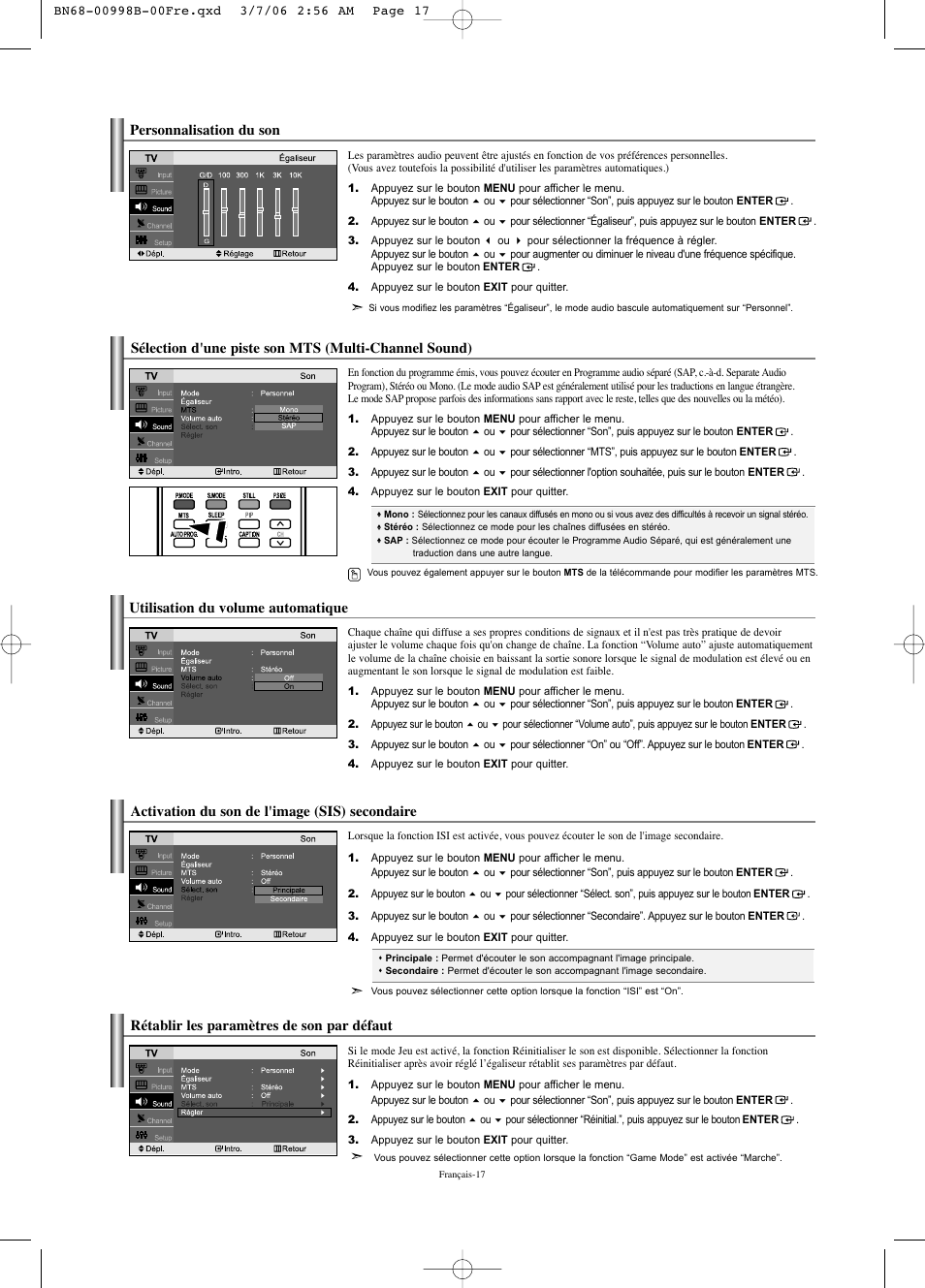 Utilisation du volume automatique, Activation du son de l'image (sis) secondaire, Personnalisation du son | Rétablir les paramètres de son par défaut | Samsung LNS2352WX-XAA User Manual | Page 69 / 77
