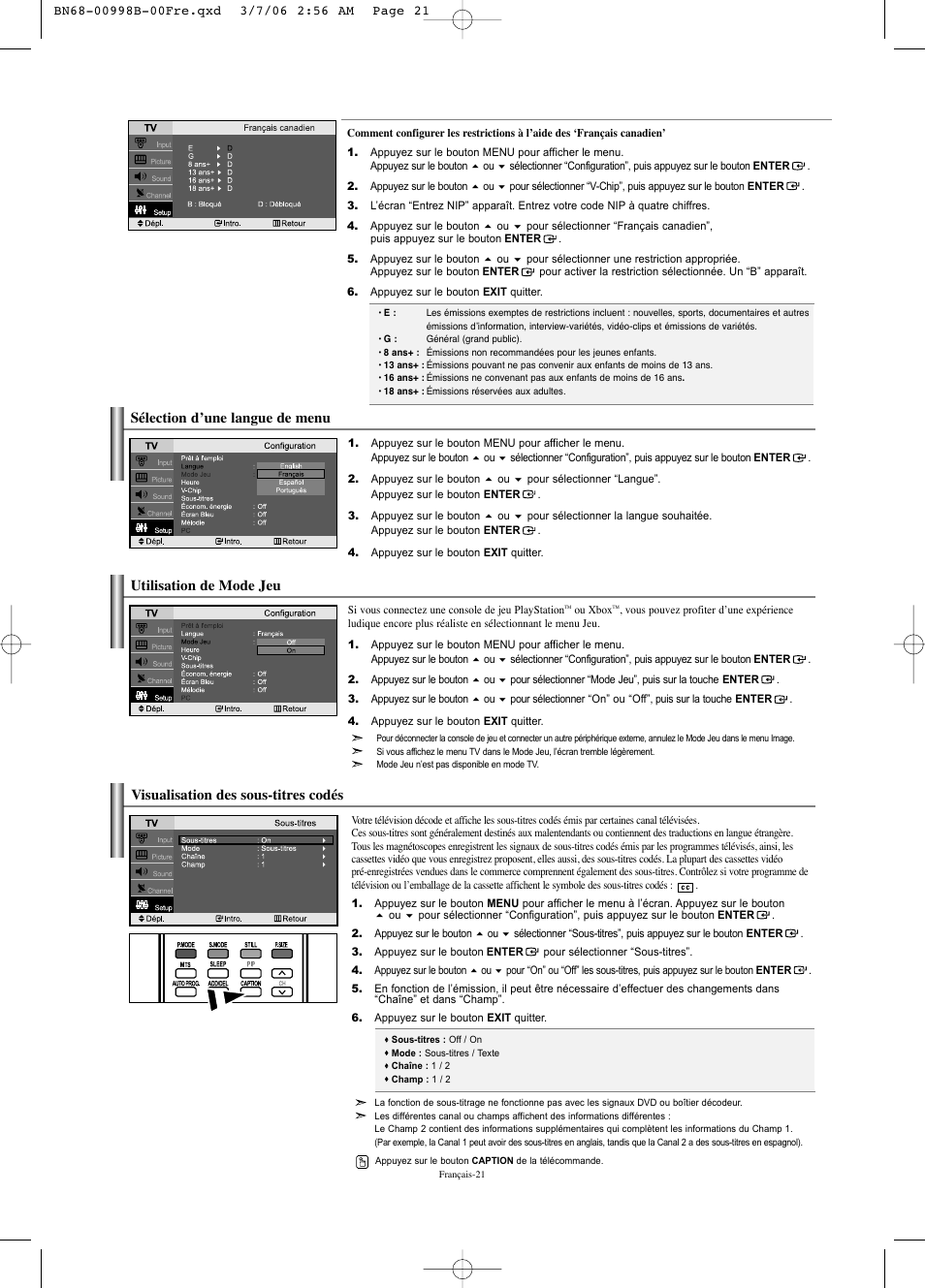 Visualisation des sous-titres codés, Sélection d’une langue de menu, Utilisation de mode jeu | Samsung LNS2352WX-XAA User Manual | Page 73 / 77