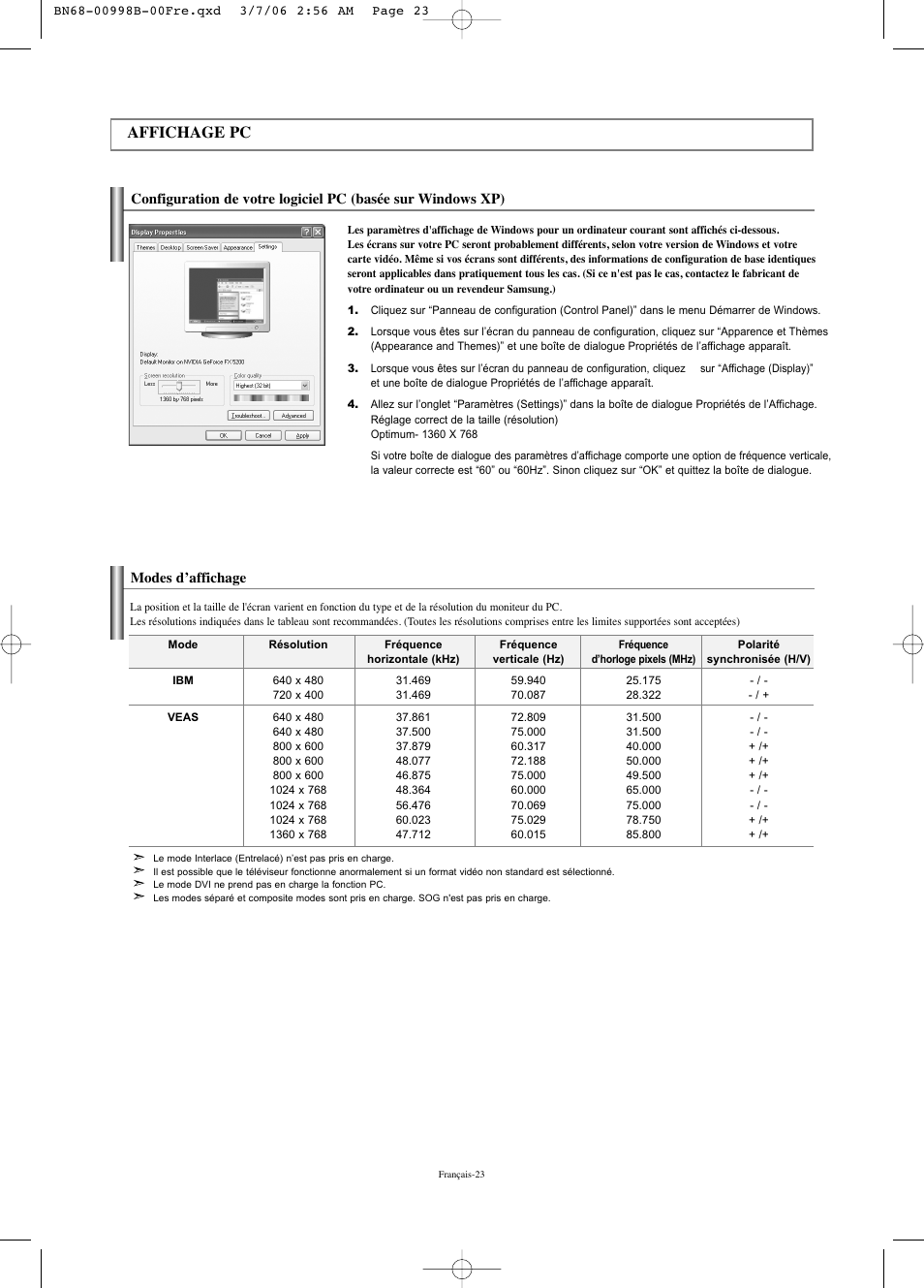 Affichage pc, Modes d’affichage | Samsung LNS2352WX-XAA User Manual | Page 75 / 77