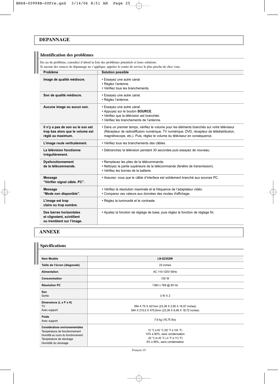 Depannage annexe, Spécifications, Identification des problèmes | Samsung LNS2352WX-XAA User Manual | Page 77 / 77