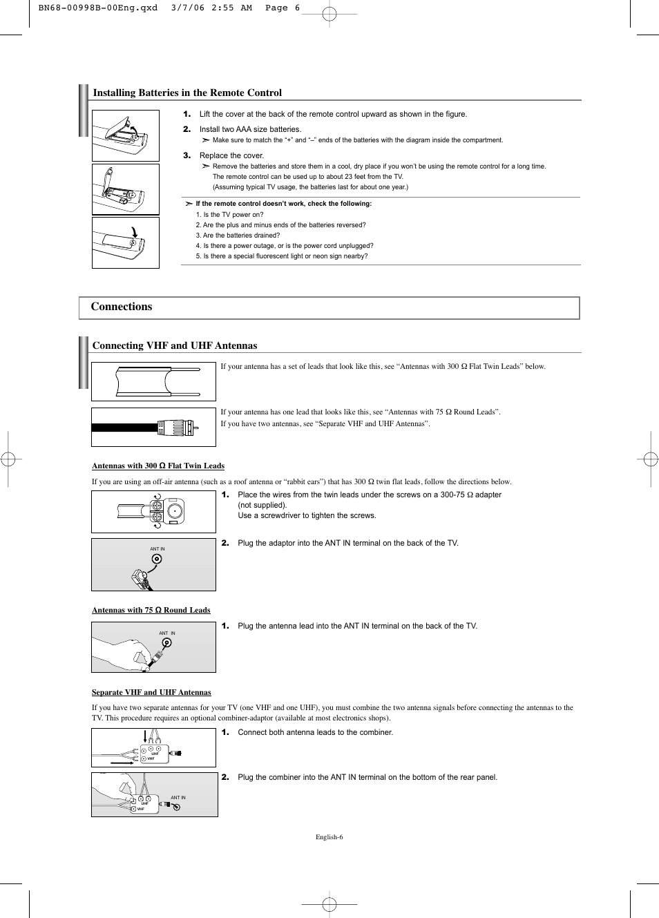 Installing batteries in the remote control, Connections, Connecting vhf and uhf antennas | Samsung LNS2352WX-XAA User Manual | Page 8 / 77