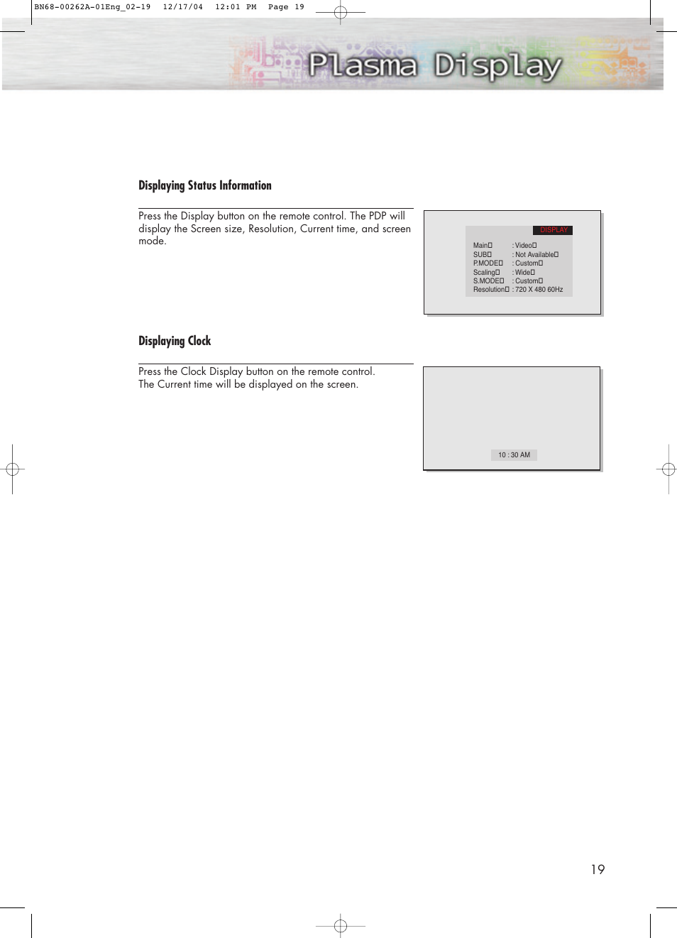 Displaying status information, Displaying clock | Samsung SPL4225DX-XAC User Manual | Page 19 / 72