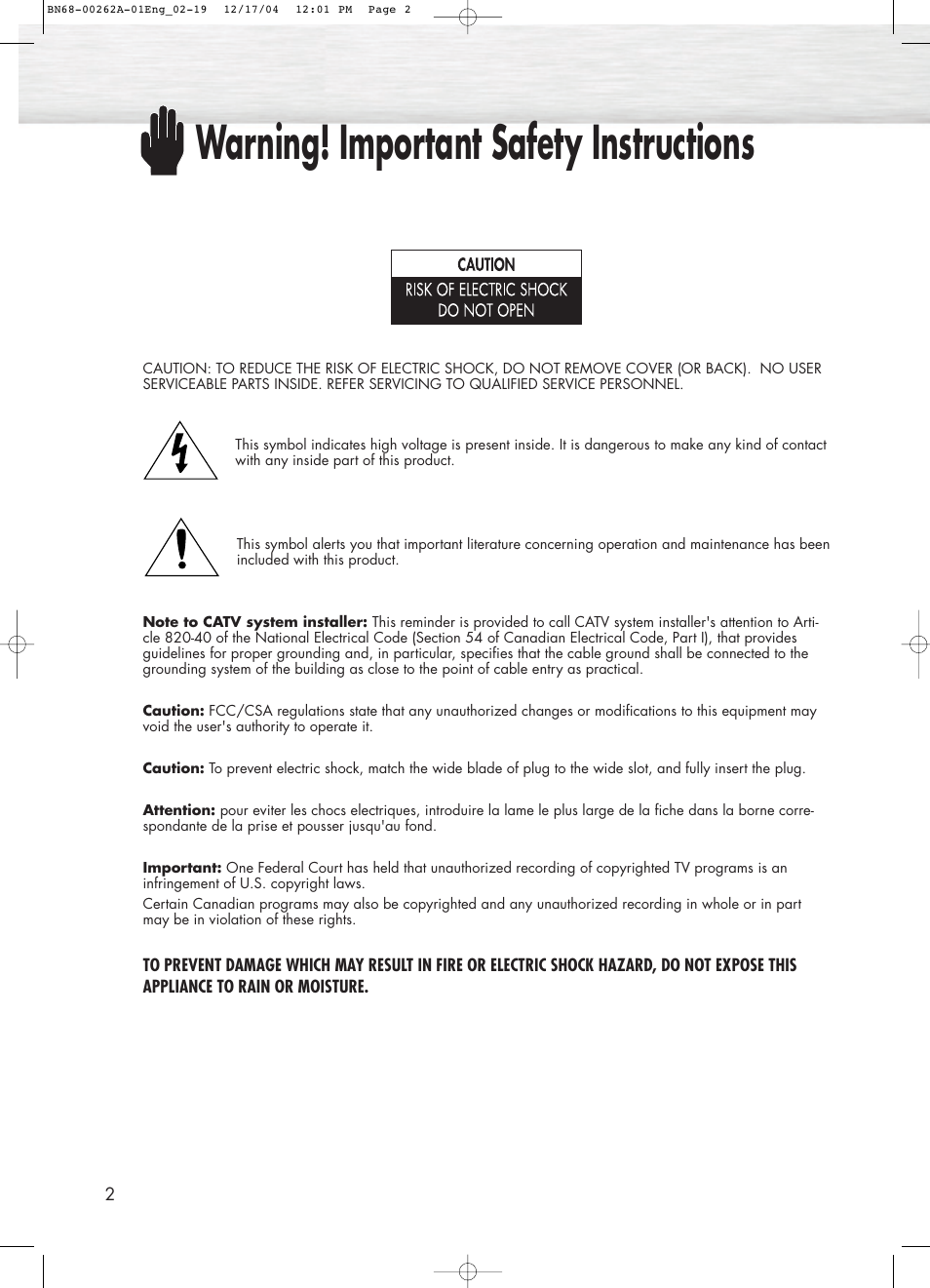 Warning! important safety instructions | Samsung SPL4225DX-XAC User Manual | Page 2 / 72