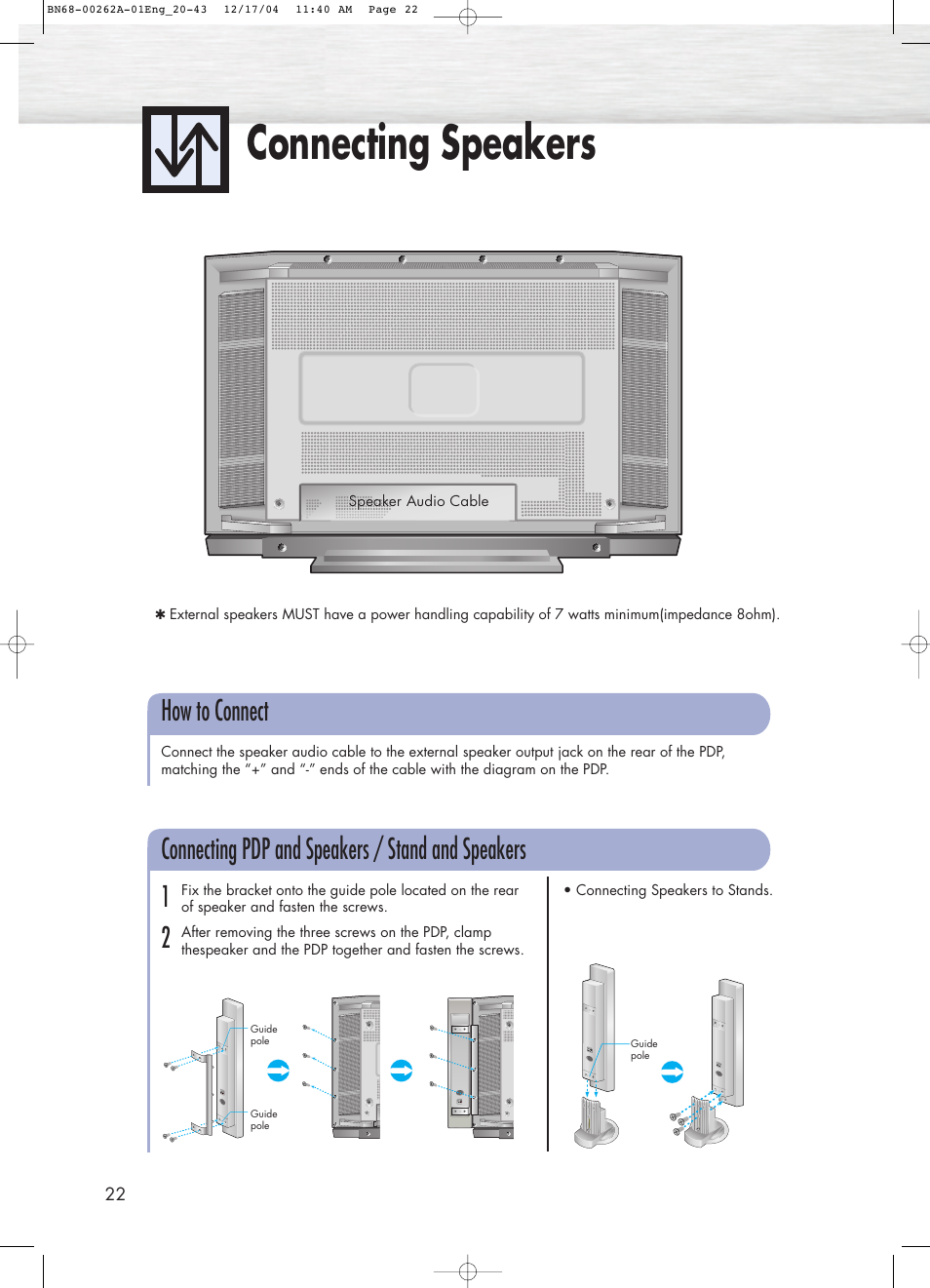Connecting speakers, How to connect | Samsung SPL4225DX-XAC User Manual | Page 22 / 72