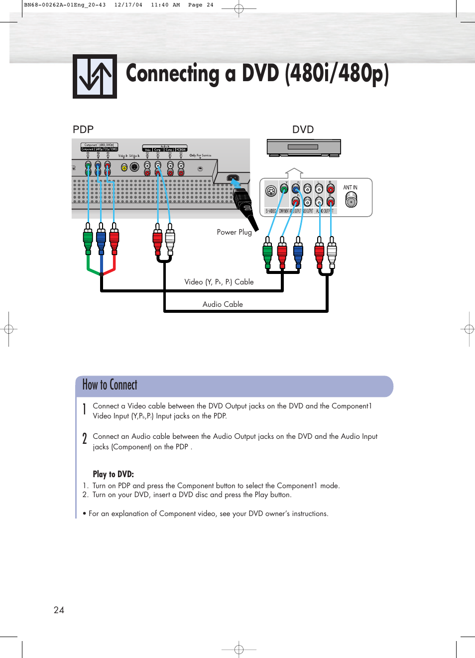 Connecting a dvd, How to connect 1 2 | Samsung SPL4225DX-XAC User Manual | Page 24 / 72
