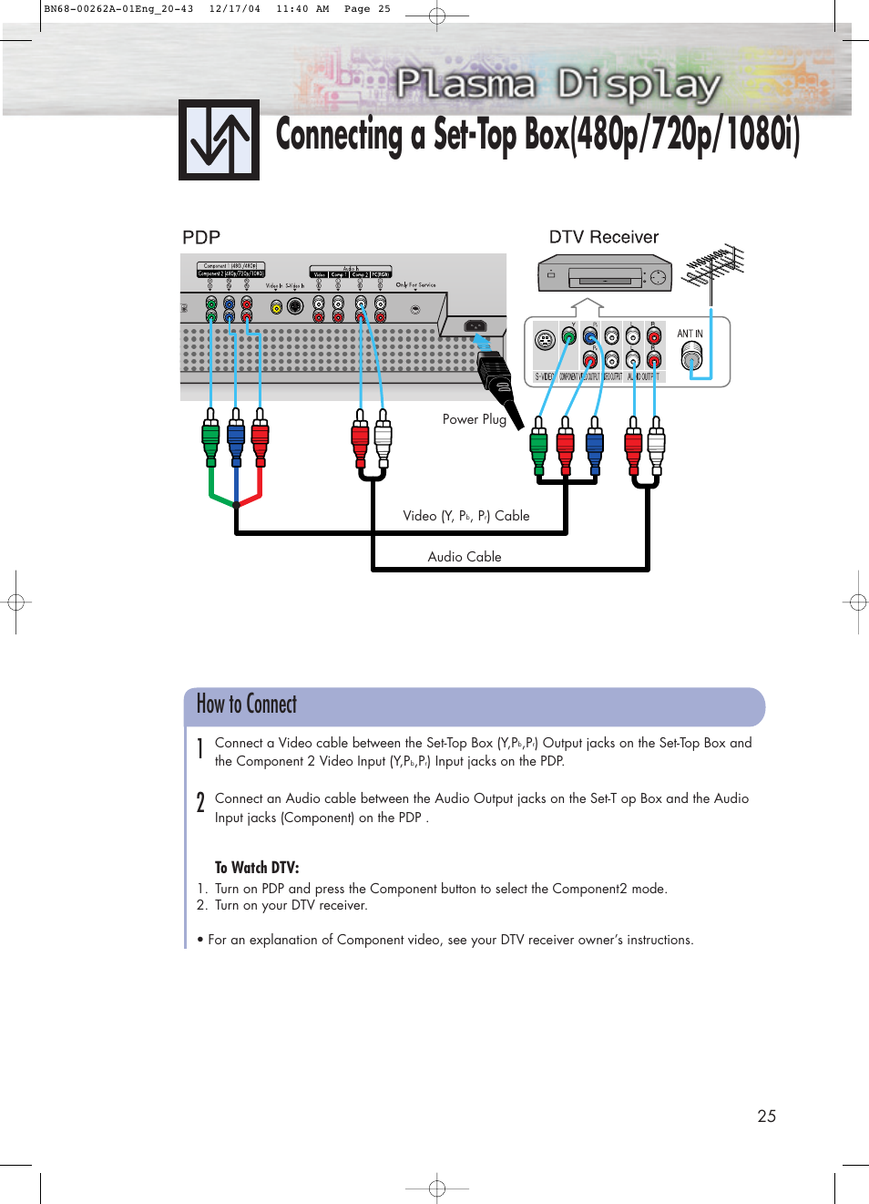 Connecting a set-top box, How to connect 1 2 | Samsung SPL4225DX-XAC User Manual | Page 25 / 72