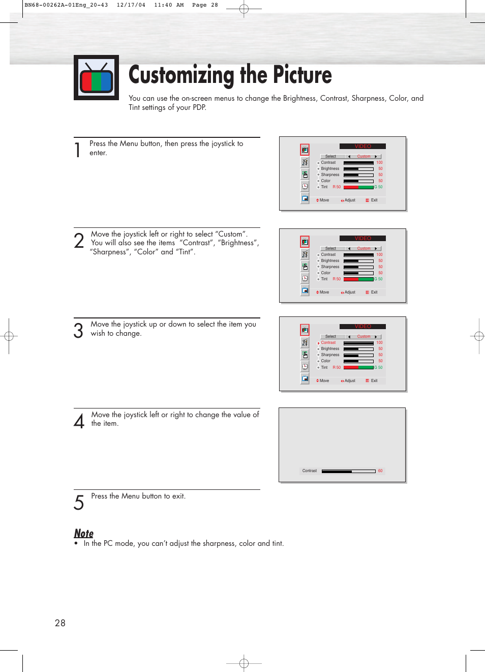 Customizing the picture | Samsung SPL4225DX-XAC User Manual | Page 28 / 72