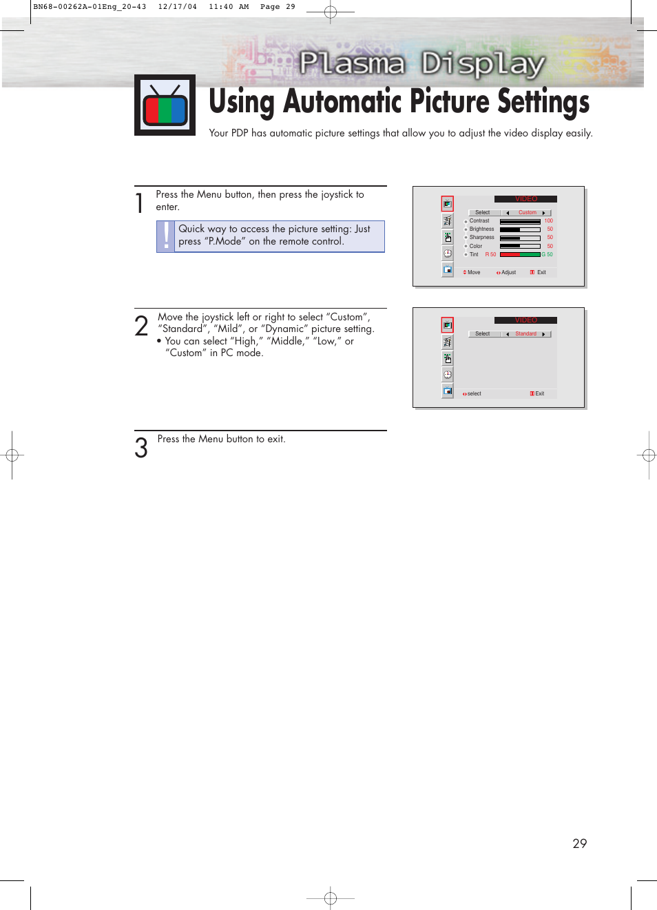 Using automatic picture settings | Samsung SPL4225DX-XAC User Manual | Page 29 / 72