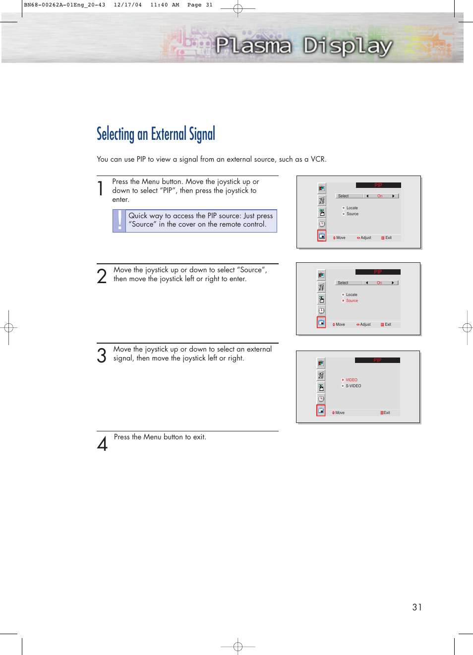 Selecting an external signal | Samsung SPL4225DX-XAC User Manual | Page 31 / 72