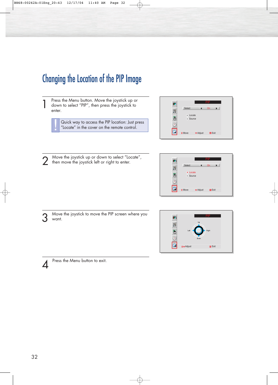 Changing the location of the pip image | Samsung SPL4225DX-XAC User Manual | Page 32 / 72