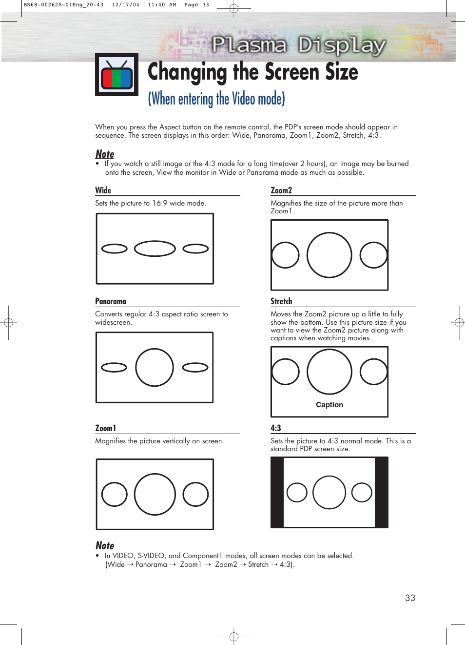Changing the screen size, When entering the video mode) | Samsung SPL4225DX-XAC User Manual | Page 33 / 72