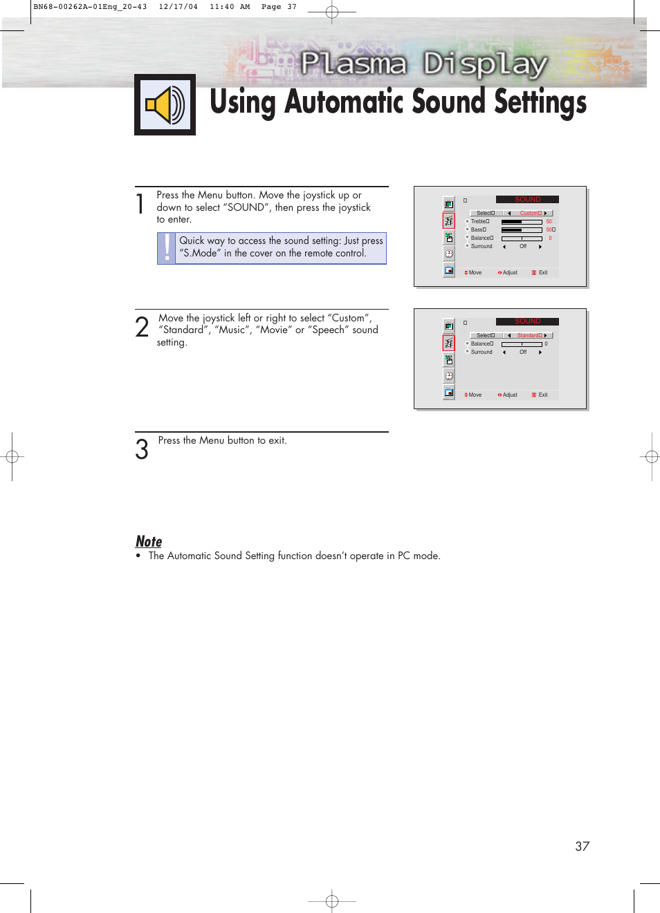 Using automatic sound settings | Samsung SPL4225DX-XAC User Manual | Page 37 / 72