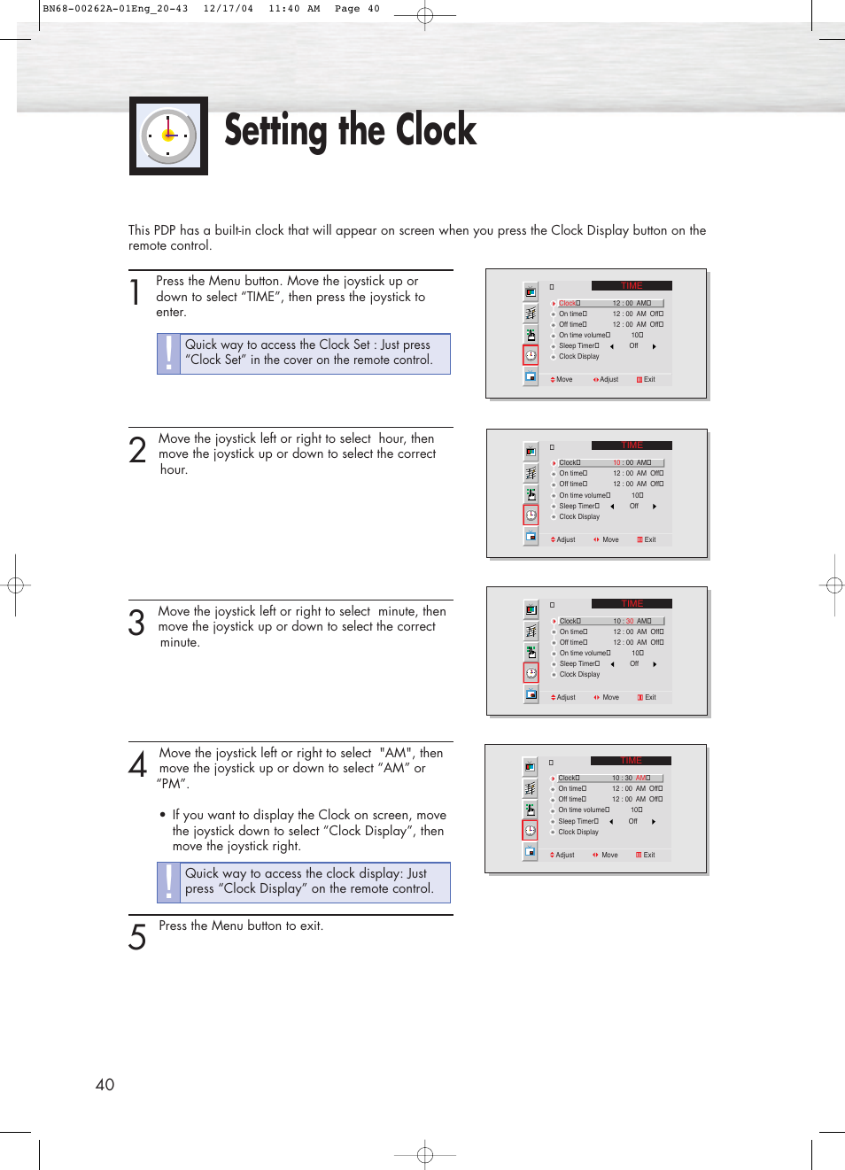 Setting the clock | Samsung SPL4225DX-XAC User Manual | Page 40 / 72