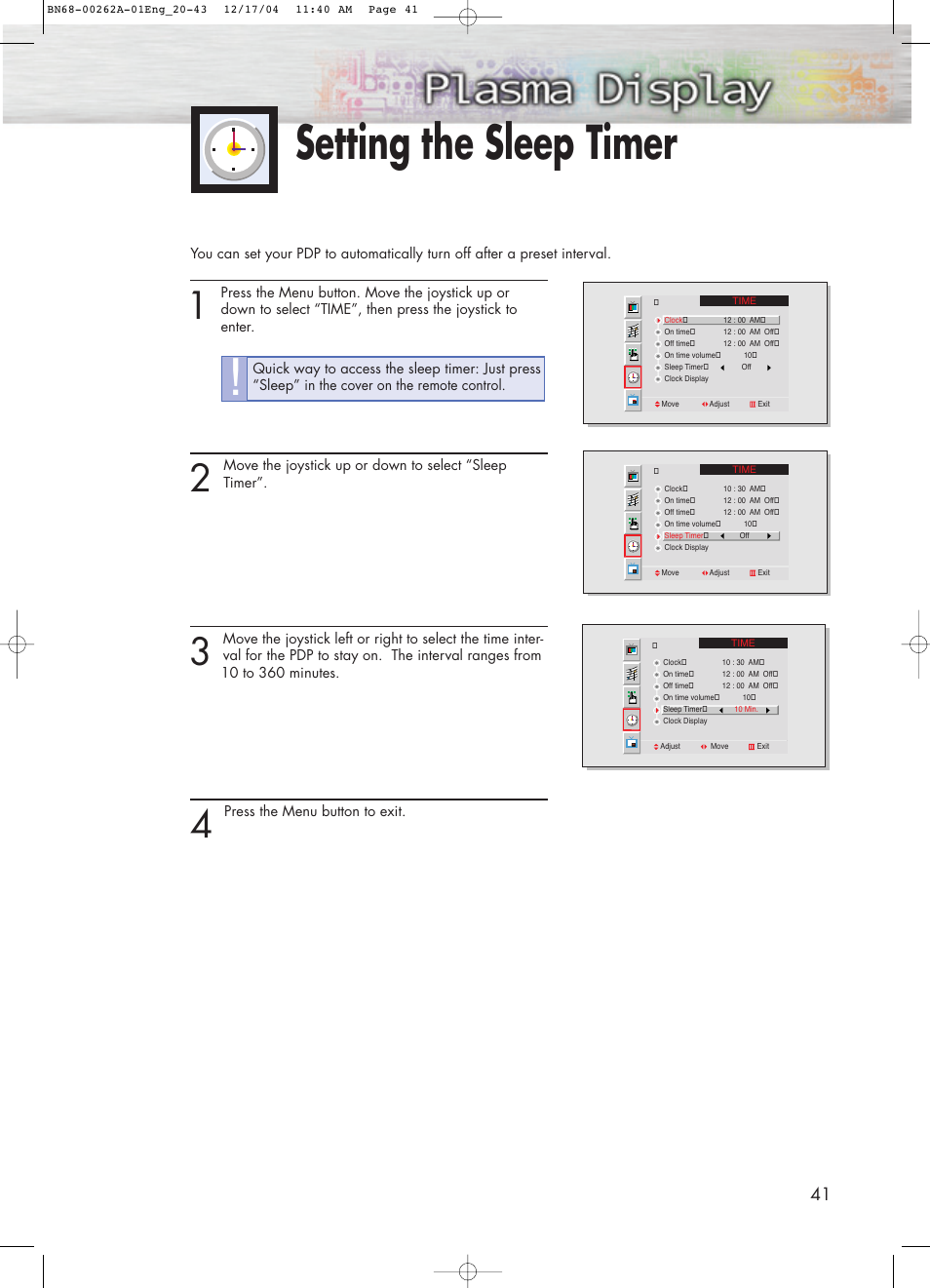 Setting the sleep timer | Samsung SPL4225DX-XAC User Manual | Page 41 / 72