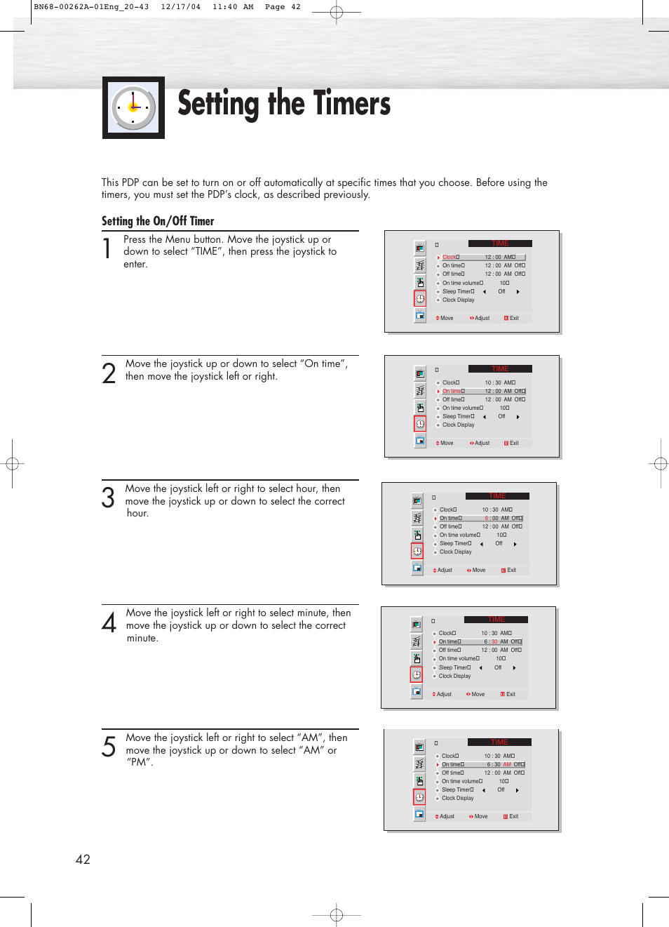 Setting the timers, Setting the on/off timer | Samsung SPL4225DX-XAC User Manual | Page 42 / 72