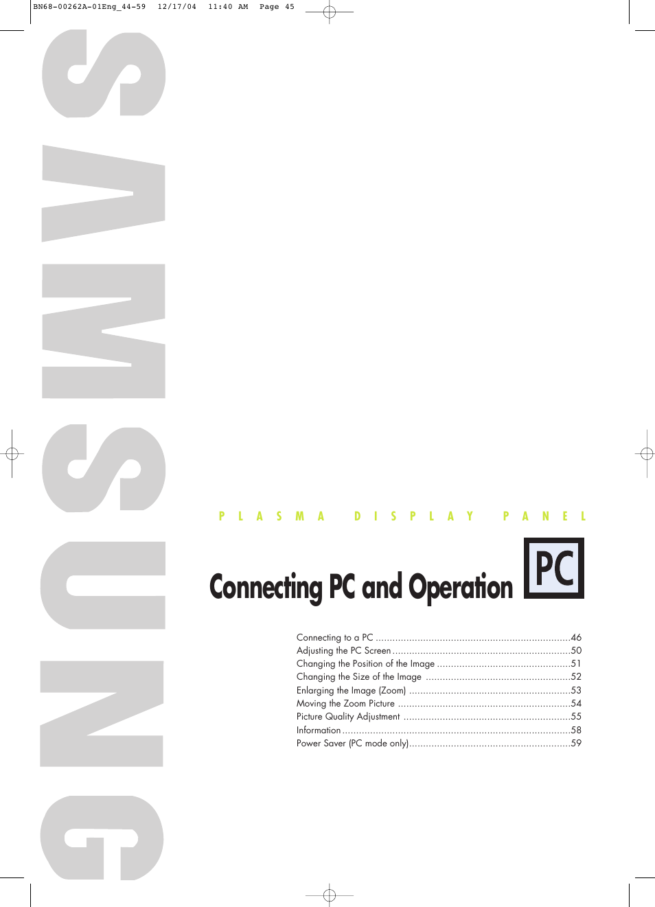 Connecting pc and operation | Samsung SPL4225DX-XAC User Manual | Page 45 / 72