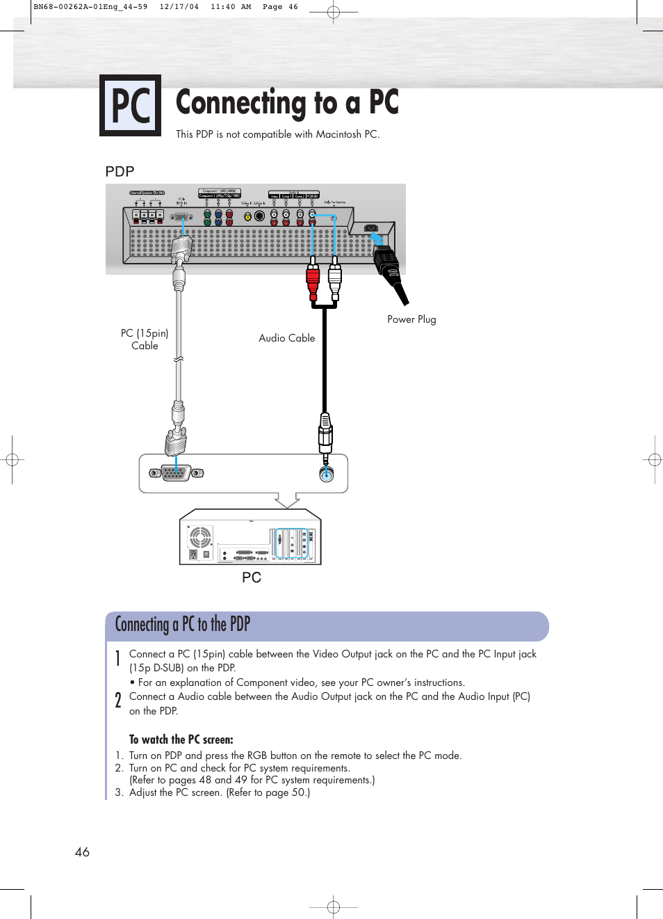 Connecting to a pc, Connecting a pc to the pdp | Samsung SPL4225DX-XAC User Manual | Page 46 / 72