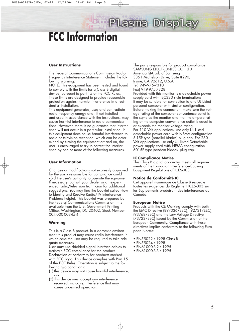 Fcc information | Samsung SPL4225DX-XAC User Manual | Page 5 / 72