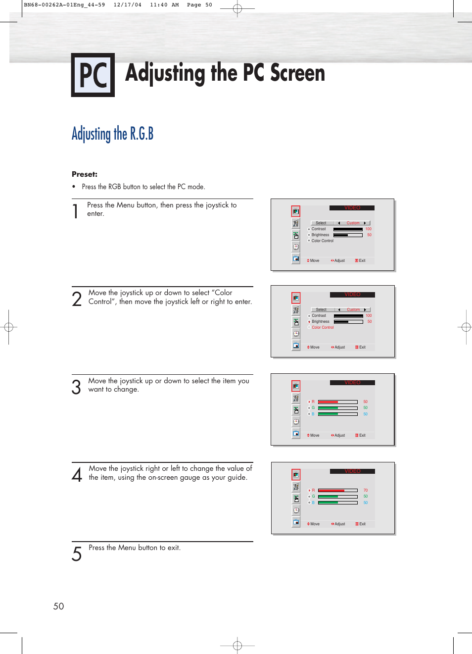 Adjusting the pc screen, Adjusting the r.g.b | Samsung SPL4225DX-XAC User Manual | Page 50 / 72