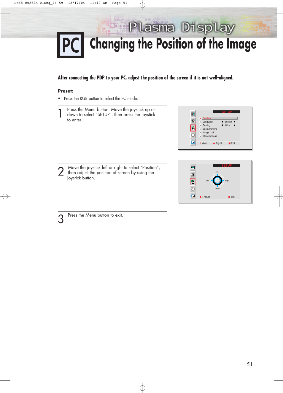 Changing the position of the image | Samsung SPL4225DX-XAC User Manual | Page 51 / 72