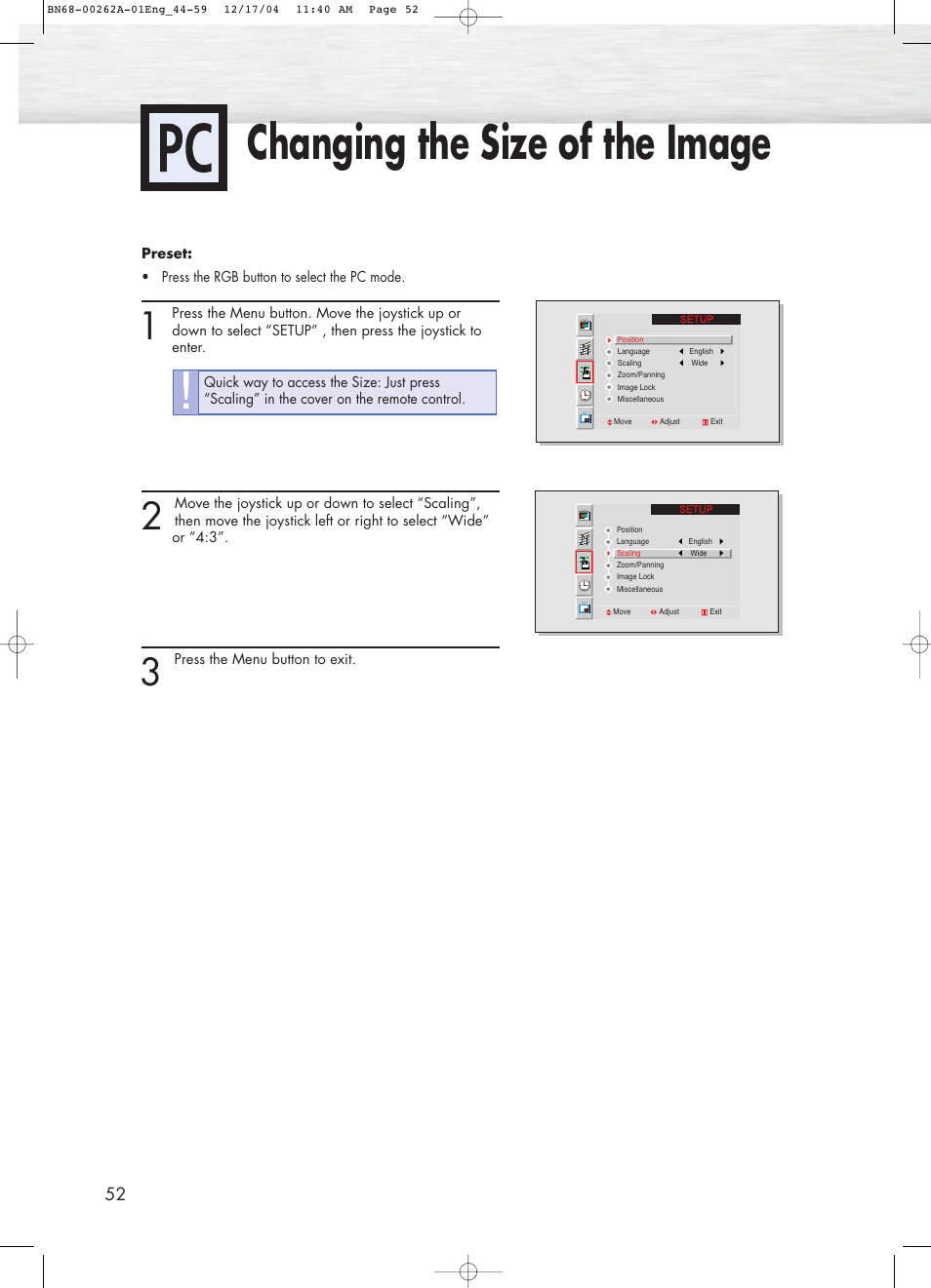 Changing the size of the image | Samsung SPL4225DX-XAC User Manual | Page 52 / 72