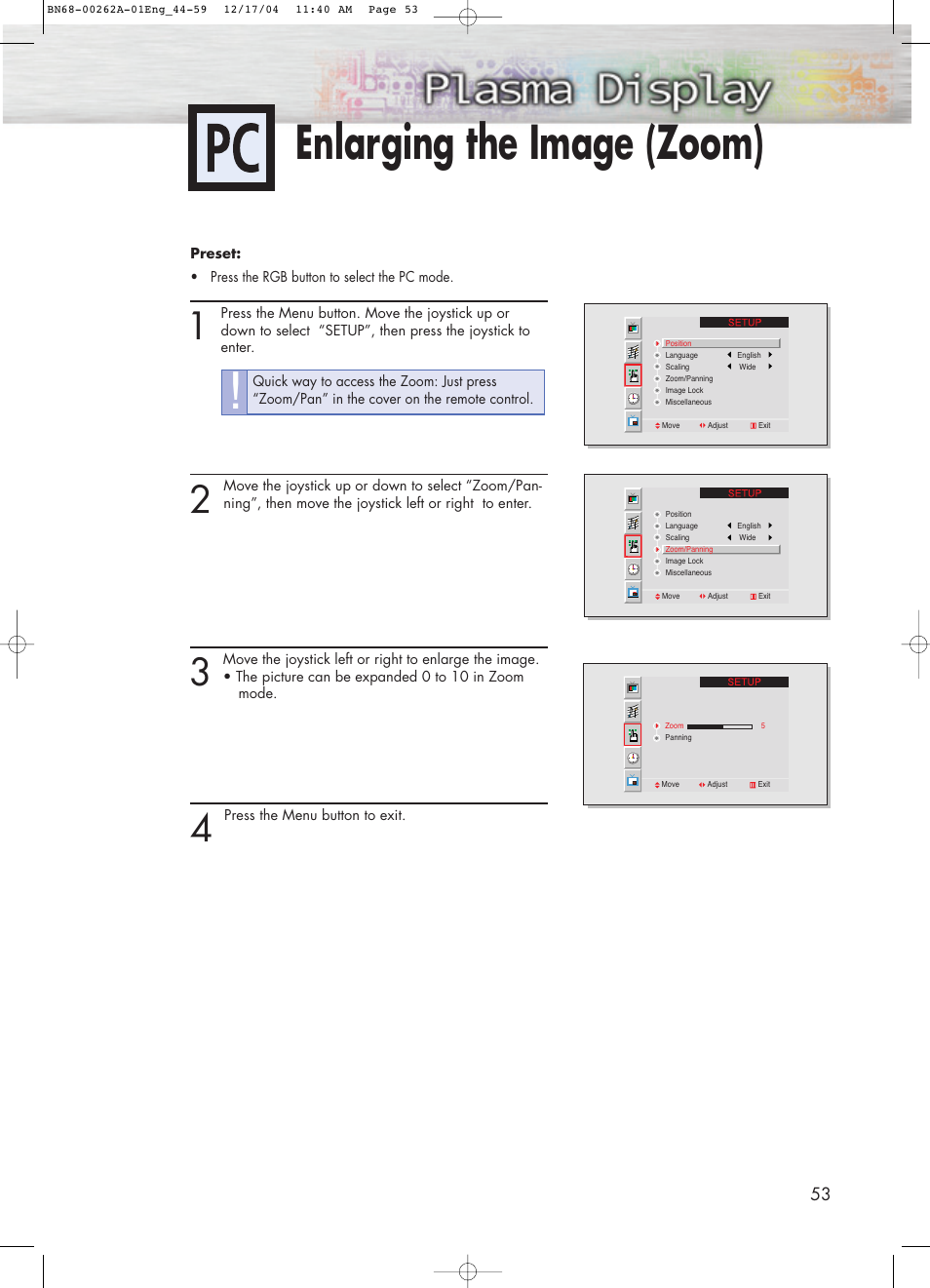 Enlarging the image (zoom) | Samsung SPL4225DX-XAC User Manual | Page 53 / 72