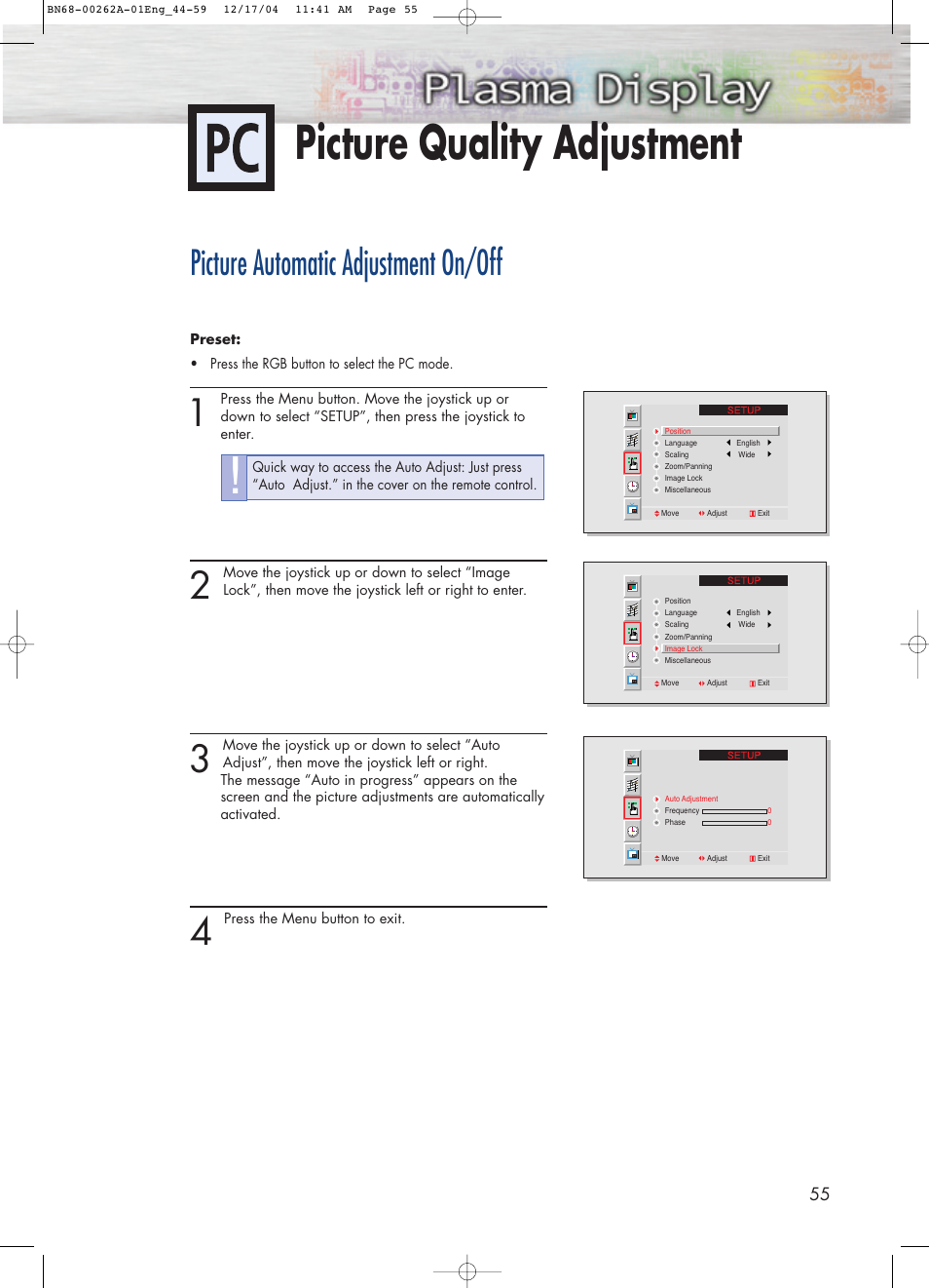 Picture quality adjustment, Picture automatic adjustment on/off | Samsung SPL4225DX-XAC User Manual | Page 55 / 72