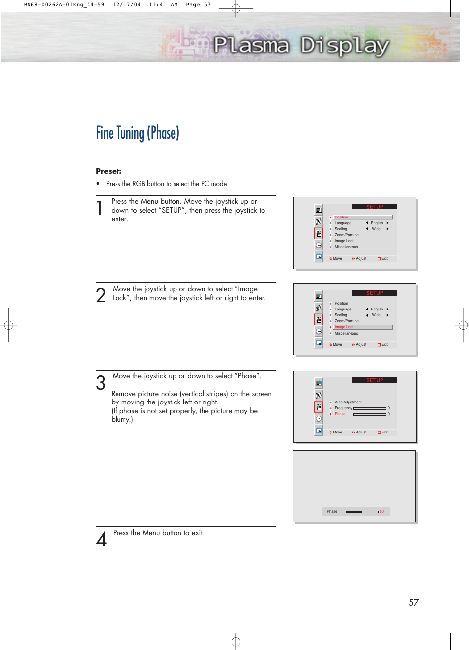 Fine tuning (phase) | Samsung SPL4225DX-XAC User Manual | Page 57 / 72