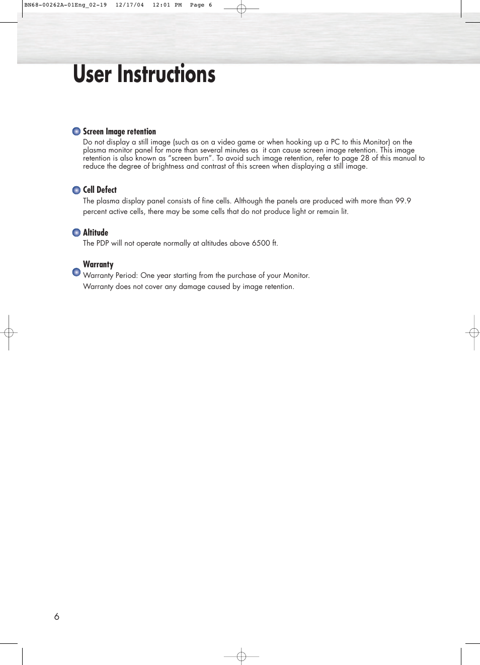 User instructions | Samsung SPL4225DX-XAC User Manual | Page 6 / 72