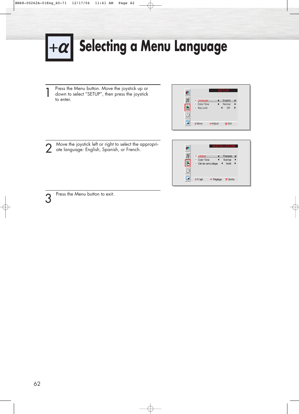 Selecting a menu language | Samsung SPL4225DX-XAC User Manual | Page 62 / 72