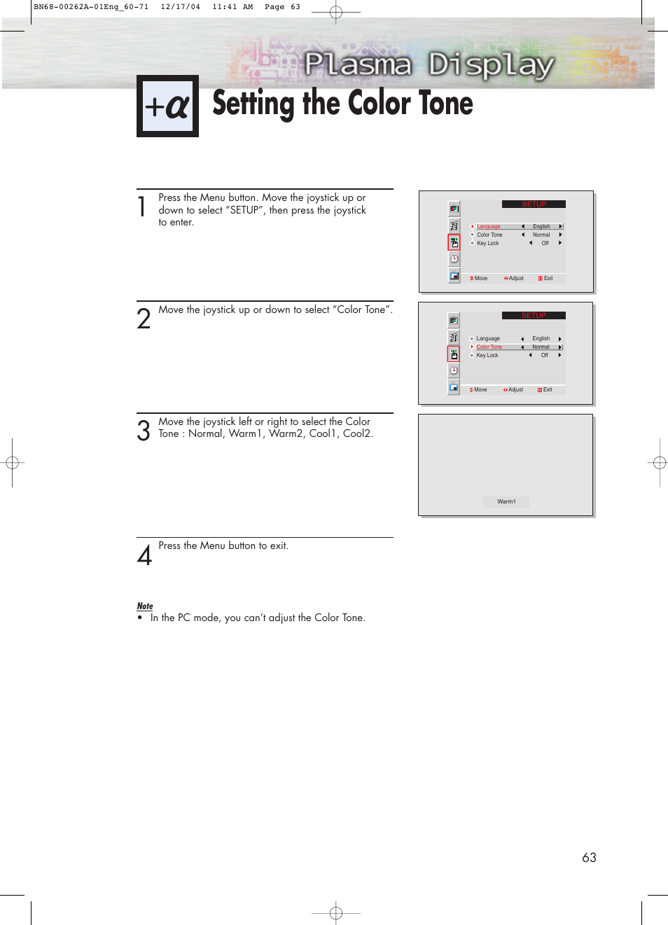 Setting the multi control, Setting the color tone | Samsung SPL4225DX-XAC User Manual | Page 63 / 72
