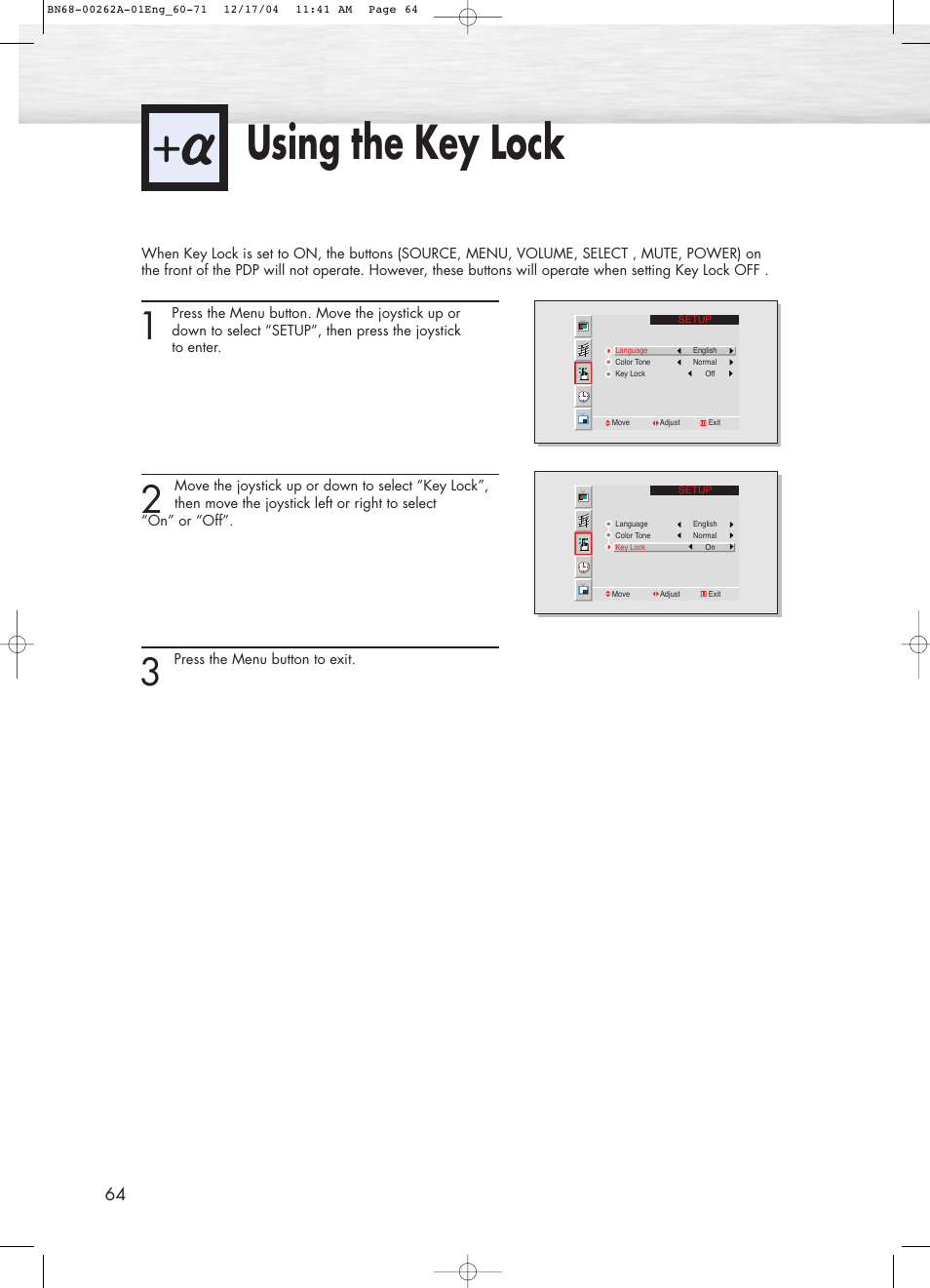 Using the key lock | Samsung SPL4225DX-XAC User Manual | Page 64 / 72