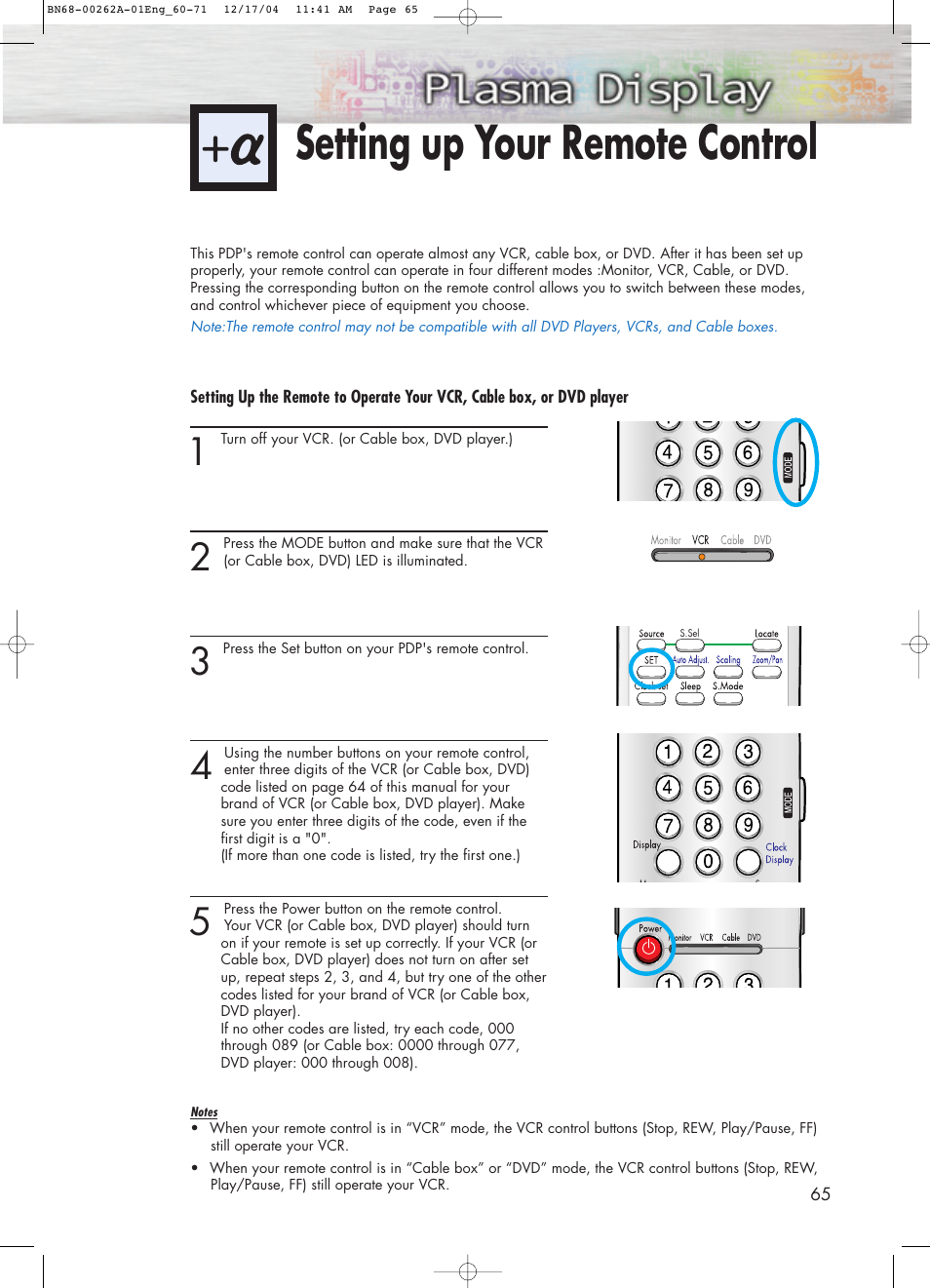 Setting up your remote control | Samsung SPL4225DX-XAC User Manual | Page 65 / 72