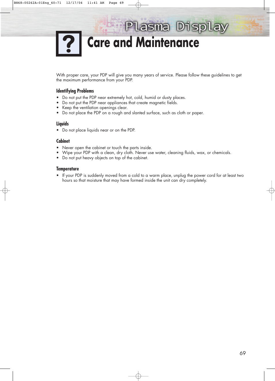 Care and maintenance | Samsung SPL4225DX-XAC User Manual | Page 69 / 72