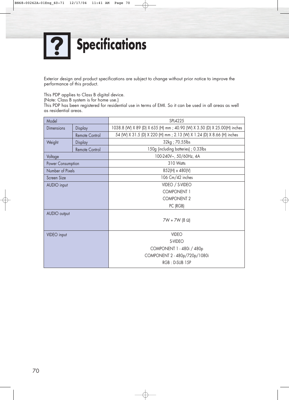 Specifications | Samsung SPL4225DX-XAC User Manual | Page 70 / 72
