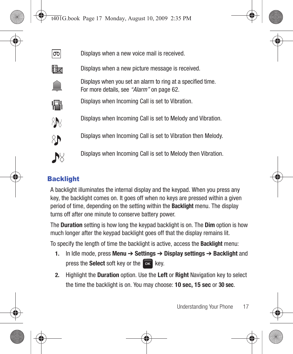 Backlight | Samsung SGH-T401YKGTRF User Manual | Page 21 / 76