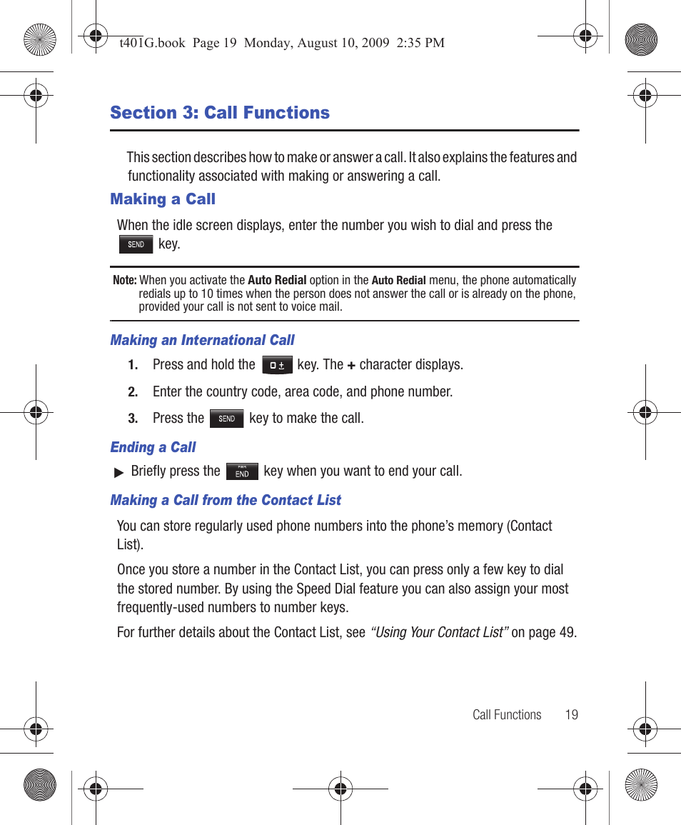 Section 3: call functions, Making a call | Samsung SGH-T401YKGTRF User Manual | Page 23 / 76