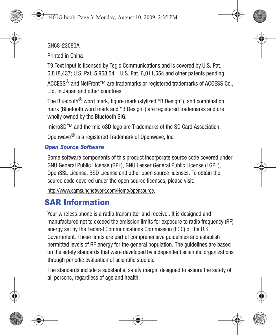 Sar information | Samsung SGH-T401YKGTRF User Manual | Page 3 / 76