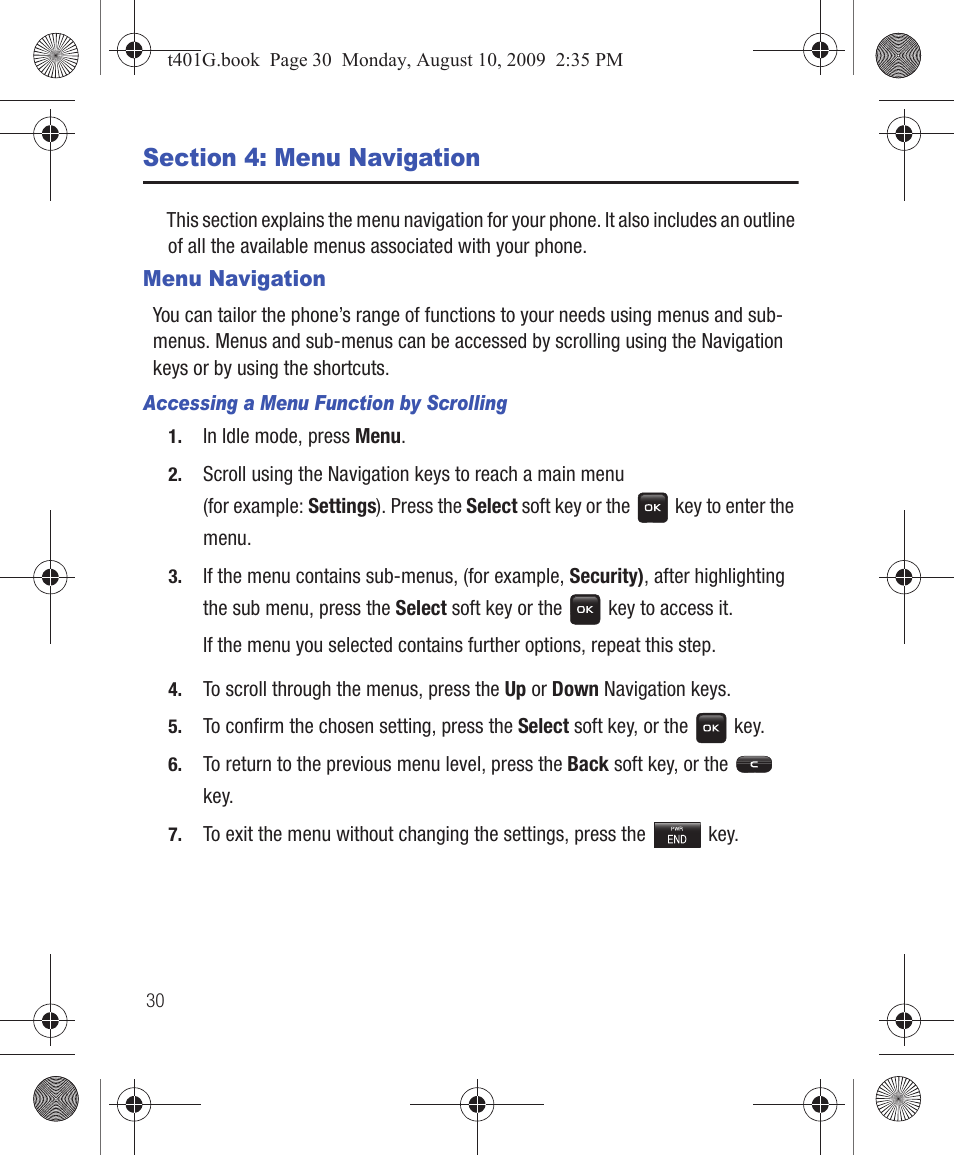 Section 4: menu navigation, Menu navigation | Samsung SGH-T401YKGTRF User Manual | Page 34 / 76