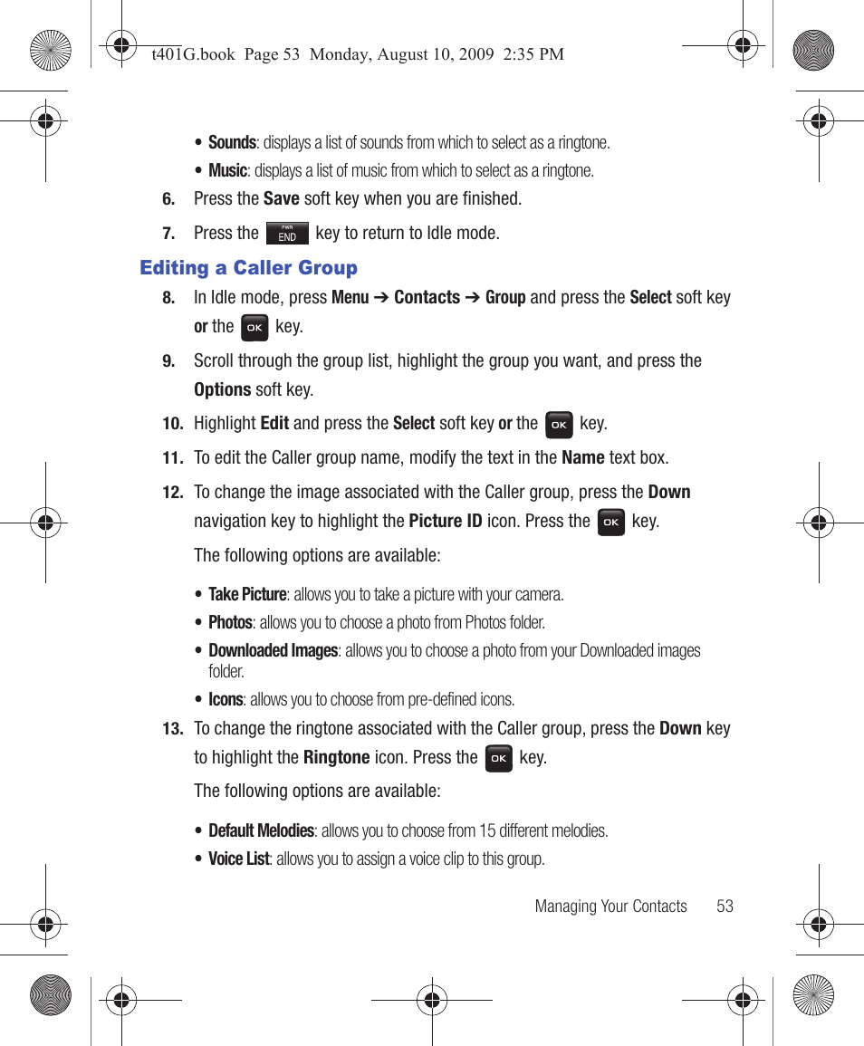 Editing a caller group | Samsung SGH-T401YKGTRF User Manual | Page 57 / 76