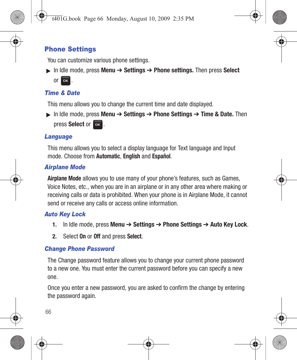 Phone settings | Samsung SGH-T401YKGTRF User Manual | Page 70 / 76