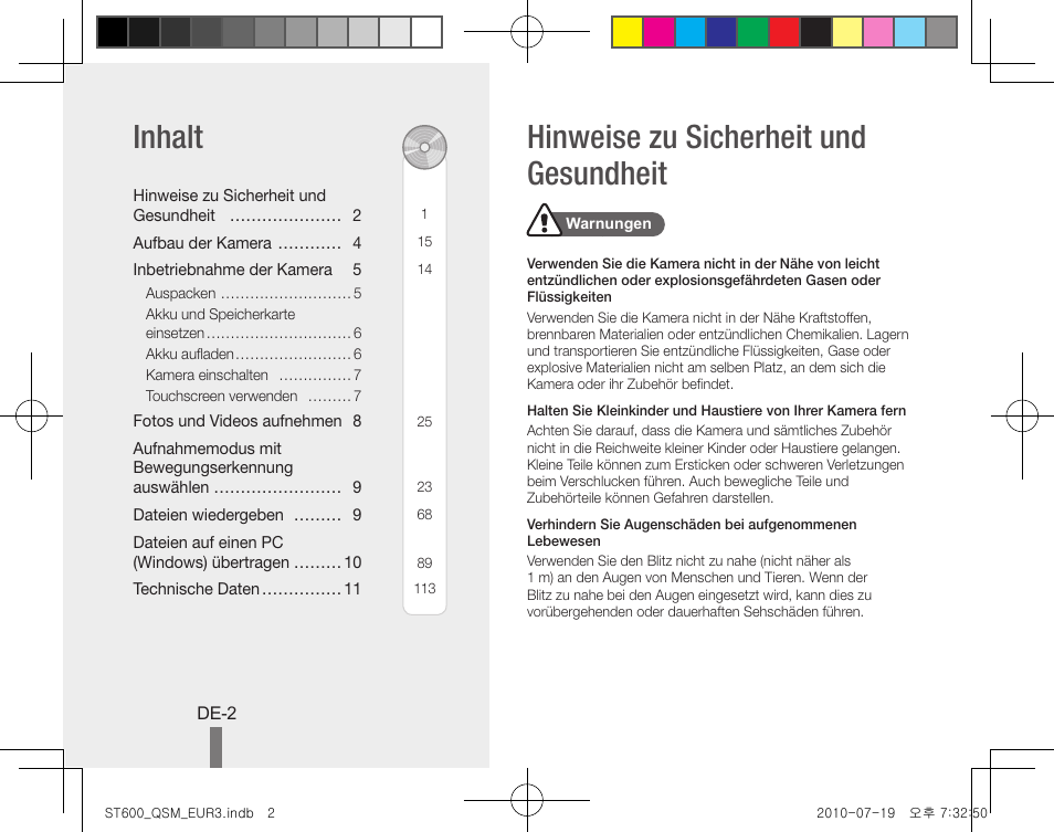 Hinweise zu sicherheit und gesundheit inhalt | Samsung EC-ST600ZBPBUS User Manual | Page 12 / 144